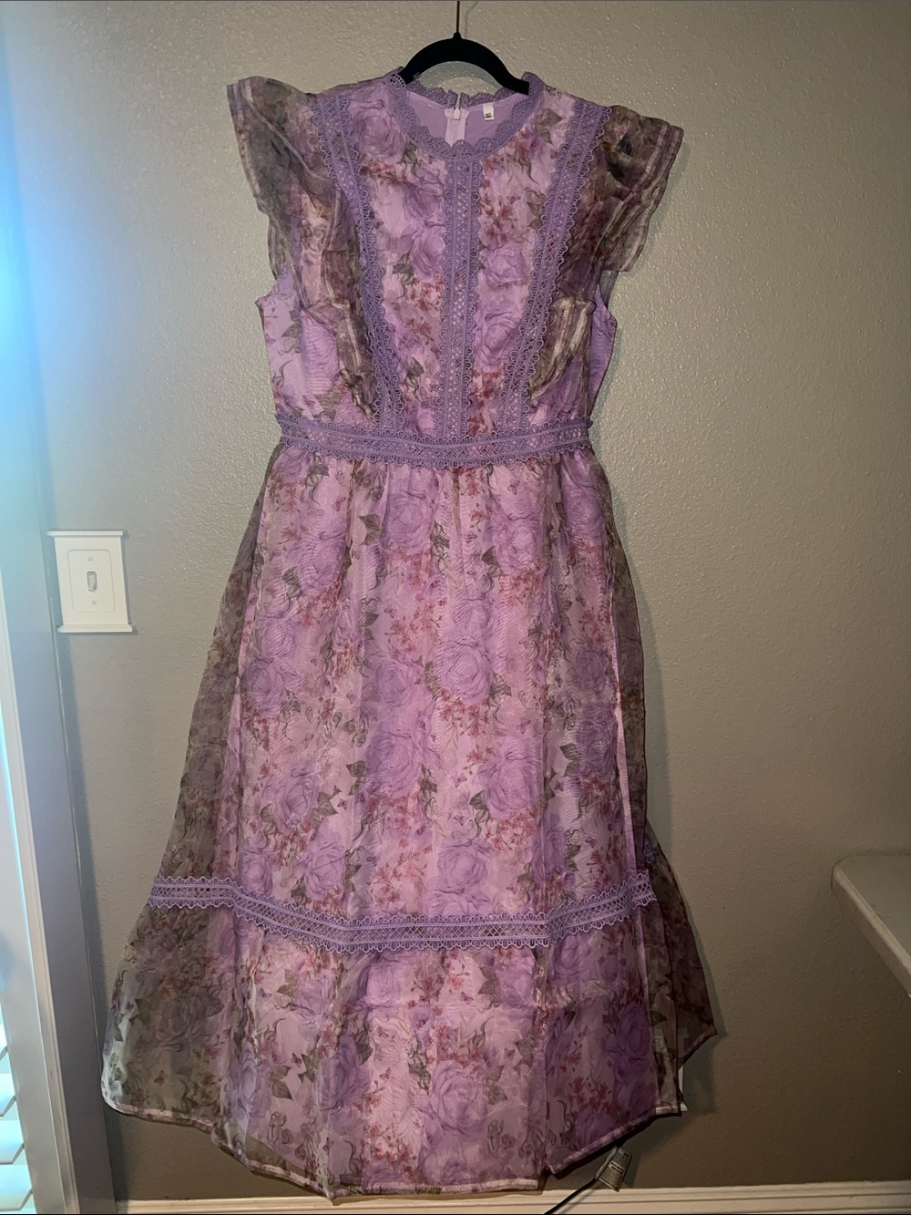 Lavender Floral Lace Trim Midi Dress